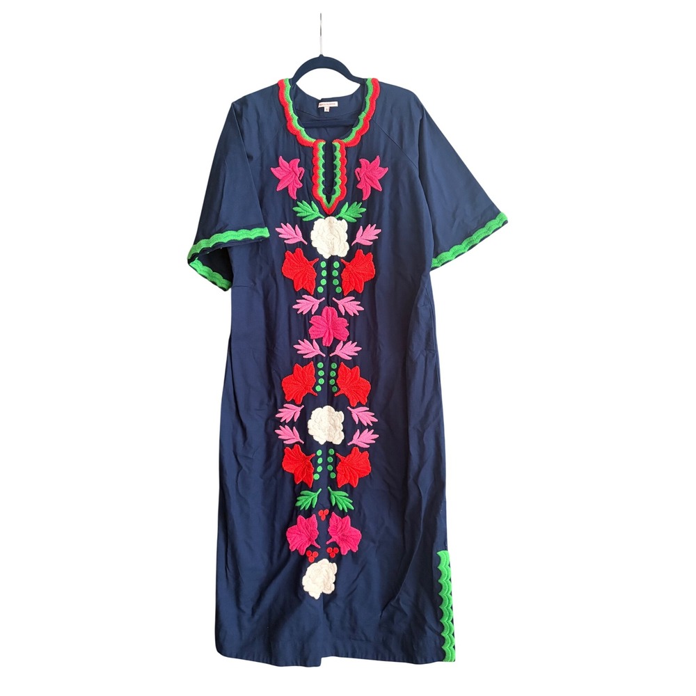 Frances Valentine Navy Blue Embroidered Rickrack Kaftan Midi Dress Womens 8